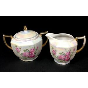 Vintage Eleanor Bavaria Hand Painted Lustreware Sugar‎ & Creamer Set